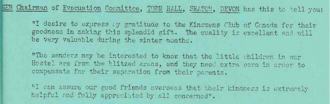 Letter from the Chairmen of the Evacuation Committee in Seaton, Devon 