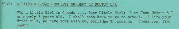 A letter from Jean Waters, at a Waifs and Strays Society Nursery at Boston Spa 